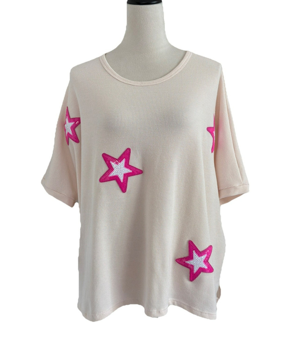 Hopely Waffle Knit Top Womens 1XL Ivory Pink Stars Short Sleeves Boxy Oversized